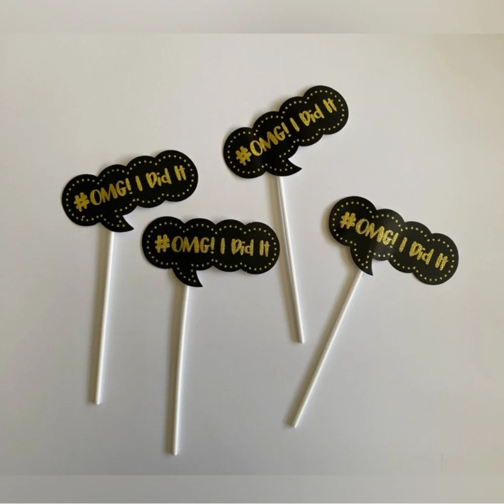 Graduation Cupcake Cake Toppers Decorations Thank You Notes Black Gold NWT OS